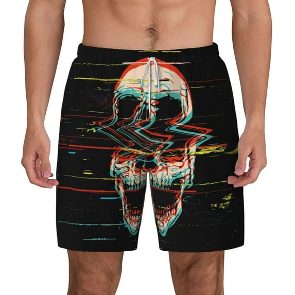 Lsque Mens Swim Trunks Glitch Screaming Skull Pattern - Bathing Suit Compression Liner - Beach Swim Shorts Swimwear - (S-3XL) - Stretch Quick Dry -X-Large