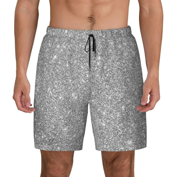 Lsque Mens Swim Trunks GlitterSilver Pattern - Bathing Suit Compression Liner - Beach Swim Shorts Swimwear - (S-3XL) - Stretch Quick Dry -X-Large