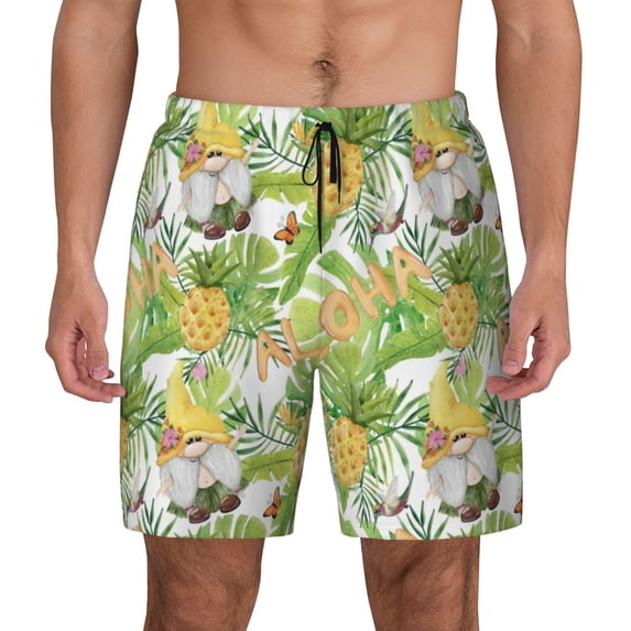 Lsque Mens Swim Trunks Gnome and Pineapple Pattern - Bathing Suit Compression Liner - Beach Swim Shorts Swimwear - (S-3XL) - Stretch Quick Dry -3X-Large
