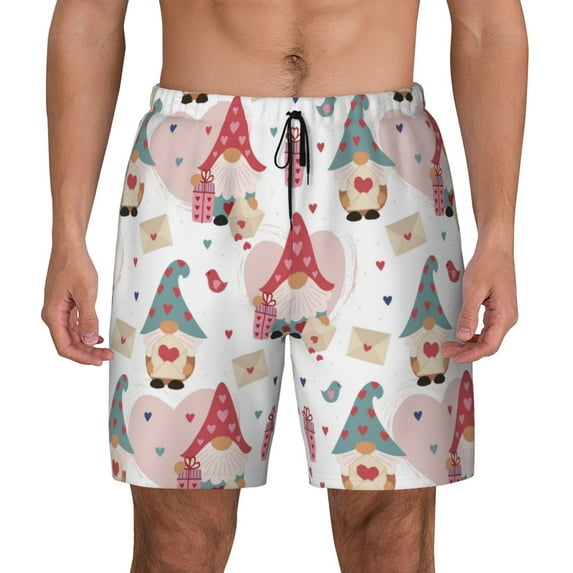 Lsque Mens Swim Trunks Gnome With Love Letter Pattern - Bathing Suit Compression Liner - Beach Swim Shorts Swimwear - (S-3XL) - Stretch Quick Dry -Large