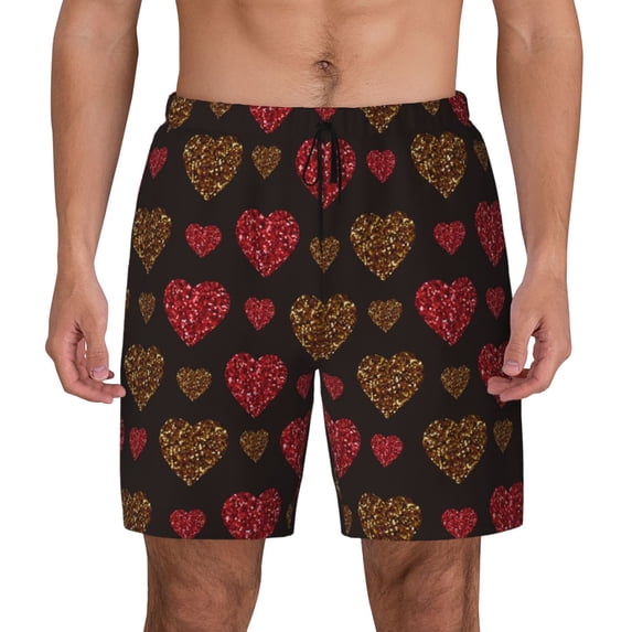Lsque Mens Swim Trunks Gold Glitter Heart Pattern - Bathing Suit Compression Liner - Beach Swim Shorts Swimwear - (S-3XL) - Stretch Quick Dry -3X-Large