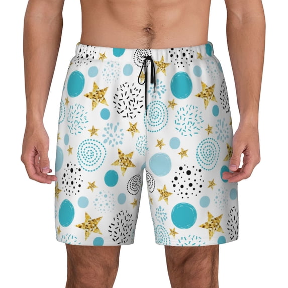Lsque Mens Swim Trunks Gold Stars Blue Dots Pattern Pattern - Bathing Suit Compression Liner - Beach Swim Shorts Swimwear - (S-3XL) - Stretch Quick Dry -