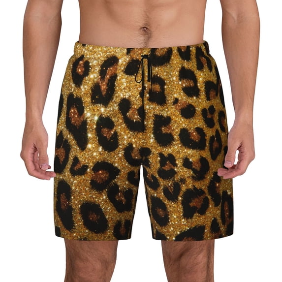 Lsque Mens Swim Trunks Golden Leopard Glitter Pattern - Bathing Suit Compression Liner - Beach Swim Shorts Swimwear - (S-3XL) - Stretch Quick Dry -3X-Large