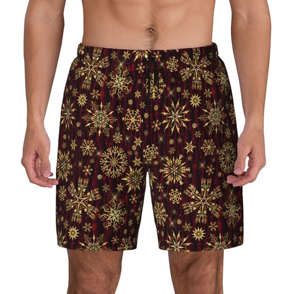 Lsque Mens Swim Trunks Golden Snowflakes Pattern - Bathing Suit Compression Liner - Beach Swim Shorts Swimwear - (S-3XL) - Stretch Quick Dry -3X-Large