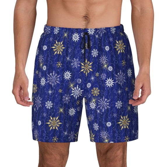 Lsque Mens Swim Trunks Golden Snowflakes Royal Blue Pattern - Bathing Suit Compression Liner - Beach Swim Shorts Swimwear - (S-3XL) - Stretch Quick Dry -3X-Large