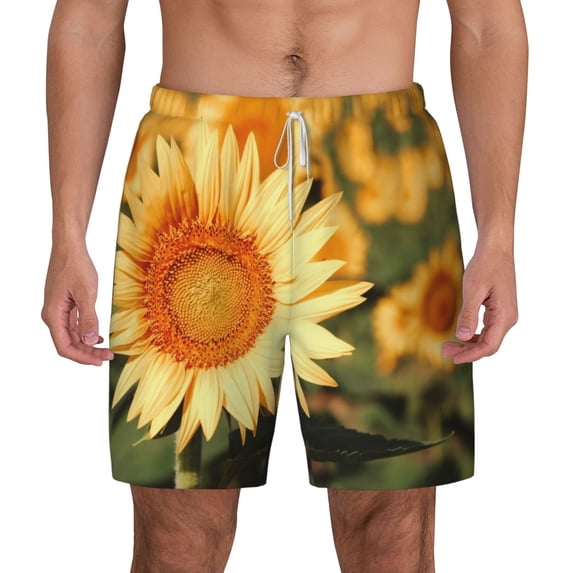 Lsque Mens Swim Trunks Golden Sunflower In Field Pattern - Bathing Suit Compression Liner - Beach Swim Shorts Swimwear - (S-3XL) - Stretch Quick Dry -X-Large