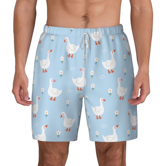 Lsque Mens Swim Trunks Goose White Flowers Pattern - Bathing Suit Compression Liner - Beach Swim Shorts Swimwear - (S-3XL) - Stretch Quick Dry -3X-Large