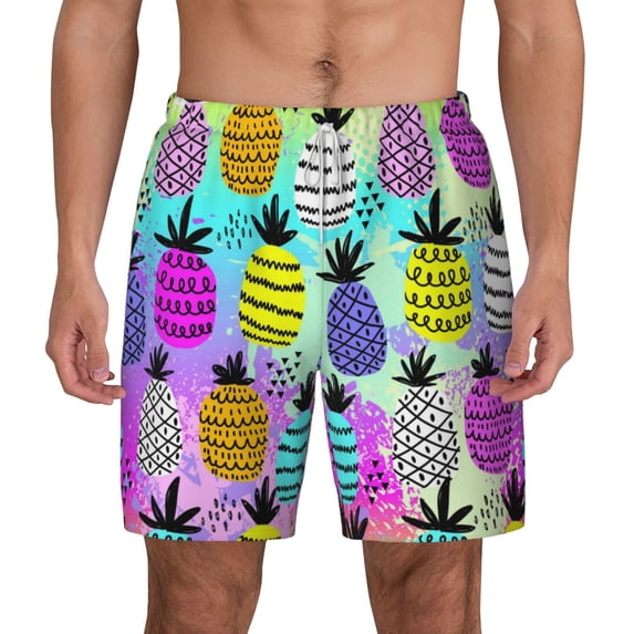 Lsque Mens Swim Trunks Graffiti Pineapples Pattern - Bathing Suit Compression Liner - Beach Swim Shorts Swimwear - (S-3XL) - Stretch Quick Dry -Large