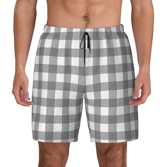 Lsque Mens Swim Trunks Gray Checkboard Pattern - Bathing Suit Compression Liner - Beach Swim Shorts Swimwear - (S-3XL) - Stretch Quick Dry -XX-Large