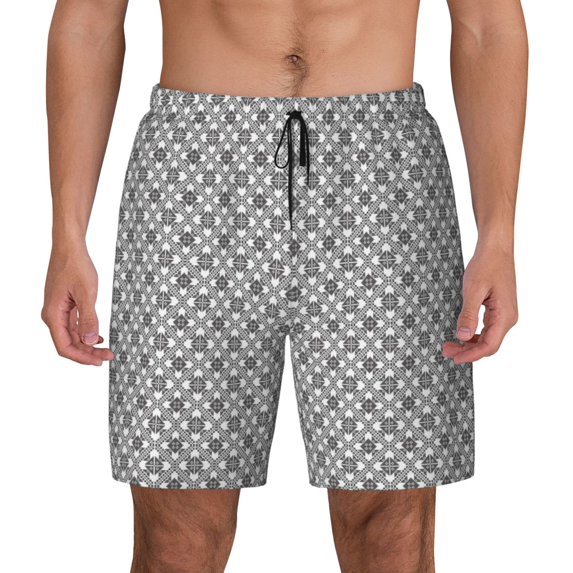 Lsque Mens Swim Trunks Gray Plaid Pattern - Bathing Suit Compression Liner - Beach Swim Shorts Swimwear - (S-3XL) - Stretch Quick Dry -Medium