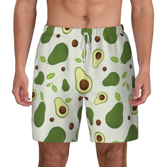 Lsque Mens Swim Trunks Green Avocado Pattern - Bathing Suit Compression Liner - Beach Swim Shorts Swimwear - (S-3XL) - Stretch Quick Dry -Large