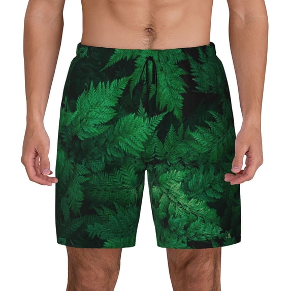 Lsque Mens Swim Trunks Green Leave Fern Pattern - Bathing Suit Compression Liner - Beach Swim Shorts Swimwear - (S-3XL) - Stretch Quick Dry -X-Large