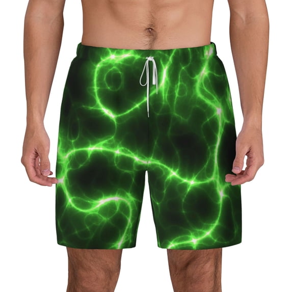 Lsque Mens Swim Trunks Green Lightning Pattern - Bathing Suit Compression Liner - Beach Swim Shorts Swimwear - (S-3XL) - Stretch Quick Dry -Large