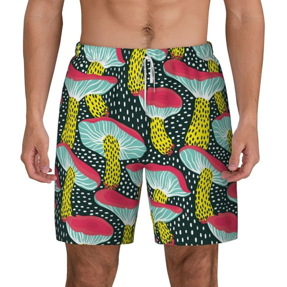 Lsque Mens Swim Trunks Green Mushroom Pattern - Bathing Suit Compression Liner - Beach Swim Shorts Swimwear - (S-3XL) - Stretch Quick Dry -Medium
