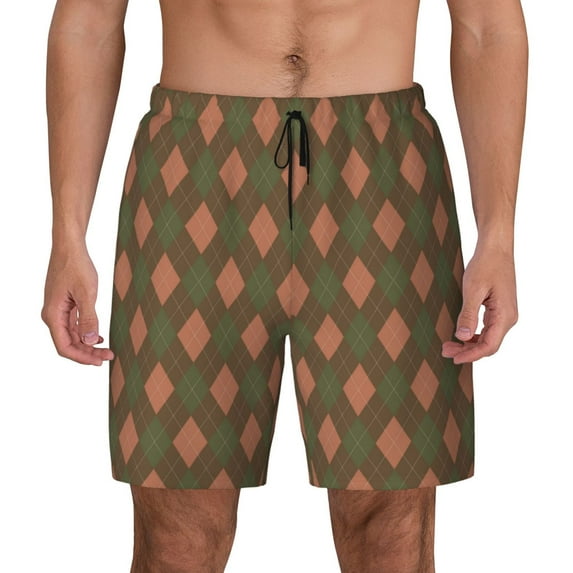 Lsque Mens Swim Trunks Green and Pink Squares Pattern - Bathing Suit Compression Liner - Beach Swim Shorts Swimwear - (S-3XL) - Stretch Quick Dry -Small