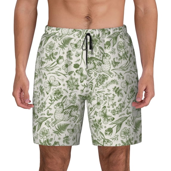 Lsque Mens Swim Trunks Green Rabbit Pattern - Bathing Suit Compression Liner - Beach Swim Shorts Swimwear - (S-3XL) - Stretch Quick Dry -3X-Large