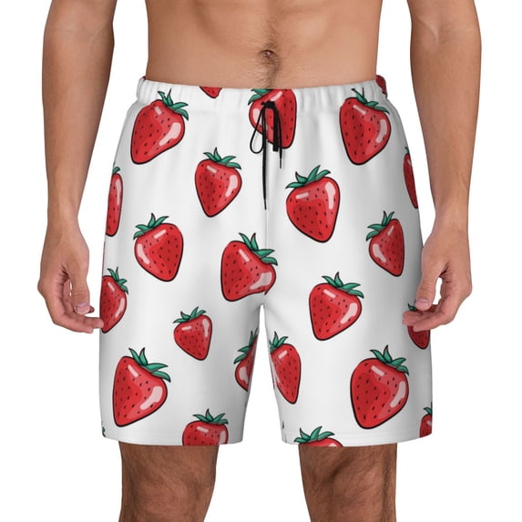 Lsque Mens Swim Trunks Hand Drawn Strawberry Pattern - Bathing Suit Compression Liner - Beach Swim Shorts Swimwear - (S-3XL) - Stretch Quick Dry -3X-Large