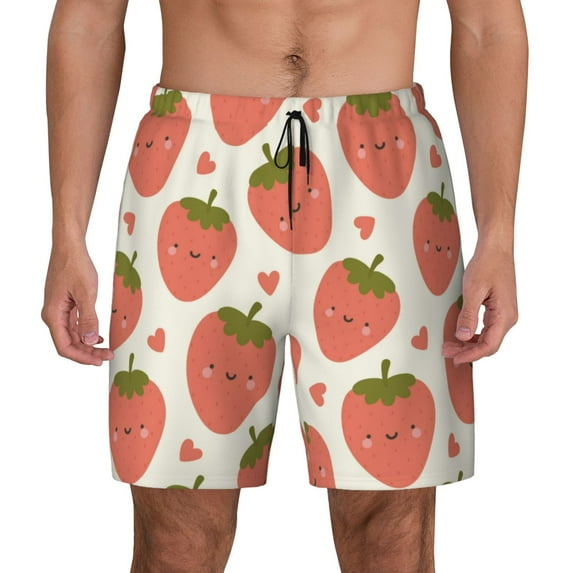 Lsque Mens Swim Trunks Hand Drawn Strawberry Pattern - Bathing Suit Compression Liner - Beach Swim Shorts Swimwear - (S-3XL) - Stretch Quick Dry -3X-Large