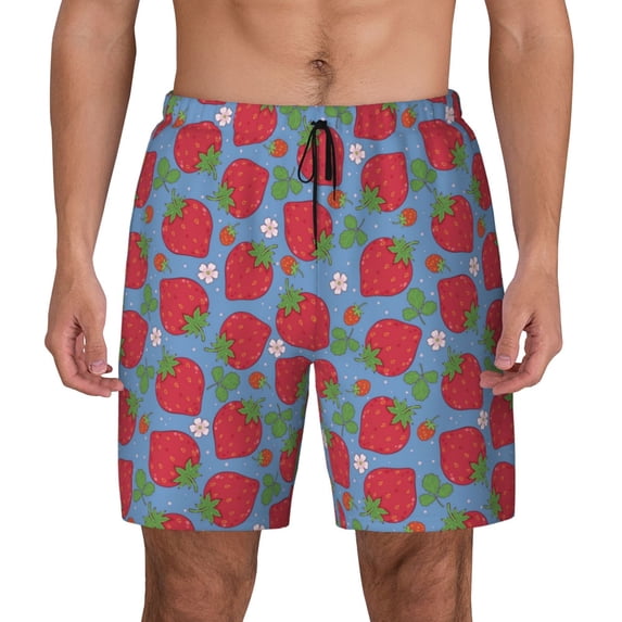 Lsque Mens Swim Trunks Hand Drawn Strawberry Pattern - Bathing Suit Compression Liner - Beach Swim Shorts Swimwear - (S-3XL) - Stretch Quick Dry -Medium