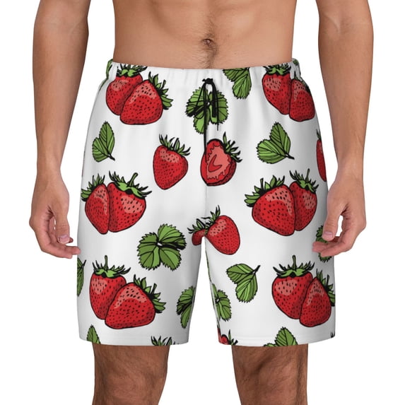 Lsque Mens Swim Trunks Hand Drawn Strawberry Pattern - Bathing Suit Compression Liner - Beach Swim Shorts Swimwear - (S-3XL) - Stretch Quick Dry -Medium
