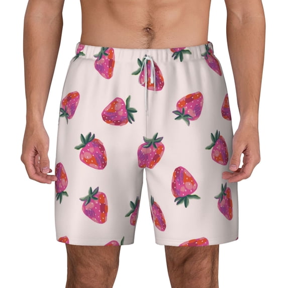 Lsque Mens Swim Trunks Hand Drawn Strawberry Pattern - Bathing Suit Compression Liner - Beach Swim Shorts Swimwear - (S-3XL) - Stretch Quick Dry -X-Large