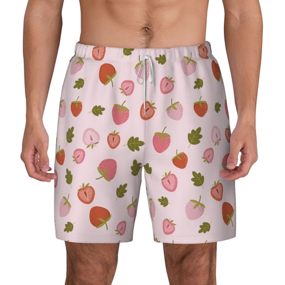 Lsque Mens Swim Trunks Hand Drawn Strawberry Pattern - Bathing Suit Compression Liner - Beach Swim Shorts Swimwear - (S-3XL) - Stretch Quick Dry -Small
