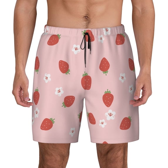 Lsque Mens Swim Trunks Hand Drawn Strawberry Pattern - Bathing Suit Compression Liner - Beach Swim Shorts Swimwear - (S-3XL) - Stretch Quick Dry -X-Large