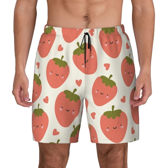 Lsque Mens Swim Trunks Hand Drawn Strawberry Pattern - Bathing Suit Compression Liner - Beach Swim Shorts Swimwear - (S-3XL) - Stretch Quick Dry -X-Large