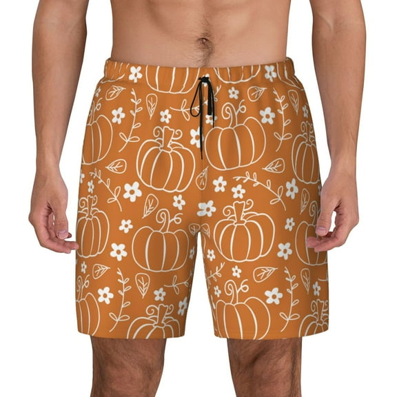 Lsque Mens Swim Trunks Hand-drawn Pumpkin with Flowers Pattern - Bathing Suit Compression Liner - Beach Swim Shorts Swimwear - (S-3XL) - Stretch Quick Dry -