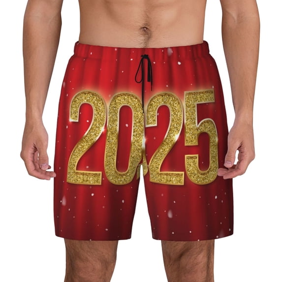 Lsque Mens Swim Trunks Happy New Year 2025 F Pattern - Bathing Suit Compression Liner - Beach Swim Shorts Swimwear - (S-3XL) - Stretch Quick Dry -Medium