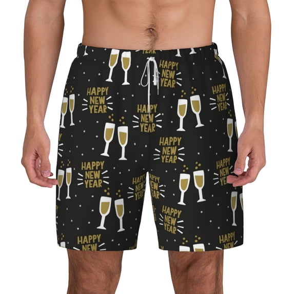 Lsque Mens Swim Trunks Happy New Year Pattern - Bathing Suit Compression Liner - Beach Swim Shorts Swimwear - (S-3XL) - Stretch Quick Dry -Medium