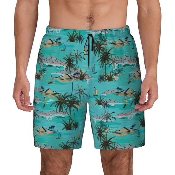 Lsque Mens Swim Trunks Hawaii Palms Pattern - Bathing Suit Compression Liner - Beach Swim Shorts Swimwear - (S-3XL) - Stretch Quick Dry -X-Large