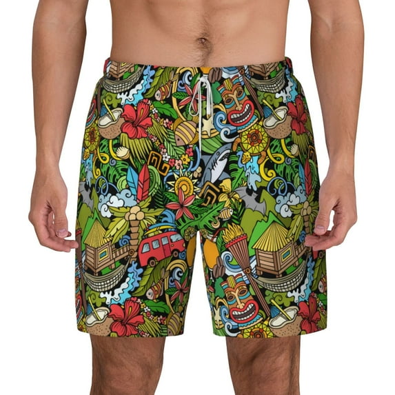 Lsque Mens Swim Trunks Hawaiian Culture Symbols 1 Pattern - Bathing Suit Compression Liner - Beach Swim Shorts Swimwear - (S-3XL) - Stretch Quick Dry -Small
