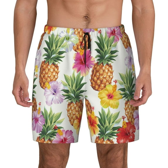 Lsque Mens Swim Trunks Hawaiian Pineappl Pattern - Bathing Suit Compression Liner - Beach Swim Shorts Swimwear - (S-3XL) - Stretch Quick Dry -XX-Large