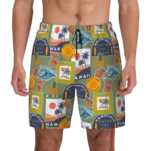 Lsque Mens Swim Trunks Hawaiian Style Pattern - Bathing Suit Compression Liner - Beach Swim Shorts Swimwear - (S-3XL) - Stretch Quick Dry -Small