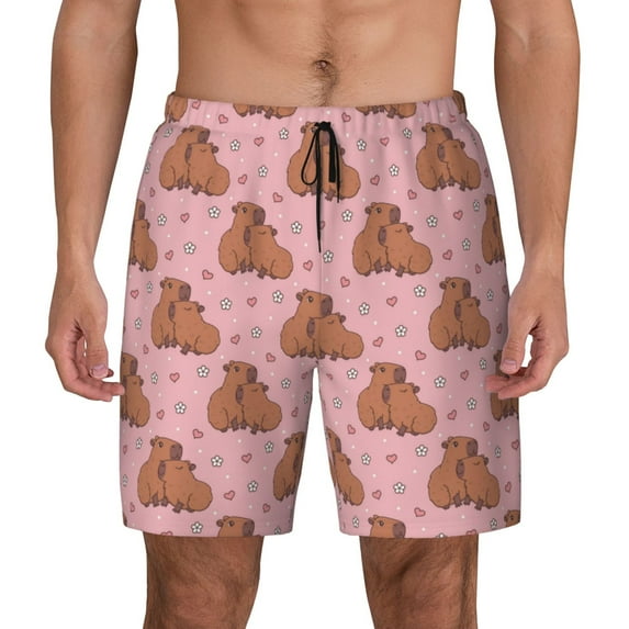 Lsque Mens Swim Trunks Heart Capybara Pattern - Bathing Suit Compression Liner - Beach Swim Shorts Swimwear - (S-3XL) - Stretch Quick Dry -Large