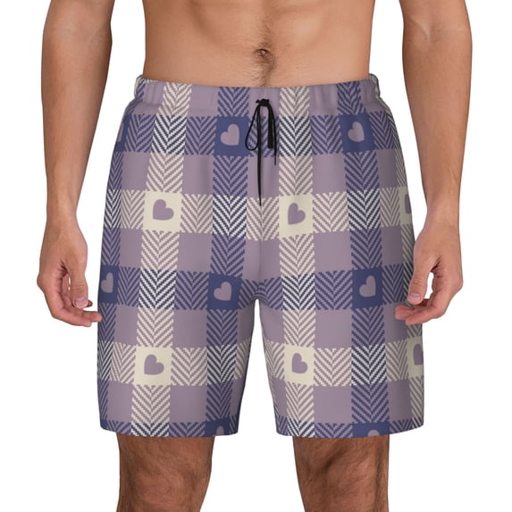 Lsque Mens Swim Trunks Heart Check Plaid Pattern - Bathing Suit Compression Liner - Beach Swim Shorts Swimwear - (S-3XL) - Stretch Quick Dry -Large