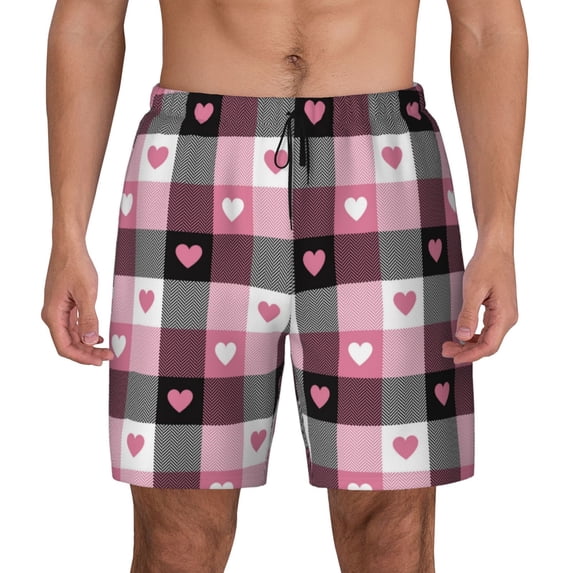 Lsque Mens Swim Trunks Heart Plaid Pattern - Bathing Suit Compression Liner - Beach Swim Shorts Swimwear - (S-3XL) - Stretch Quick Dry -XX-Large
