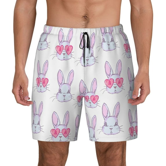 Lsque Mens Swim Trunks Heart Rabbit Pattern - Bathing Suit Compression Liner - Beach Swim Shorts Swimwear - (S-3XL) - Stretch Quick Dry -Medium