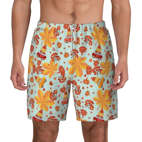 Lsque Mens Swim Trunks Hearts And Autumn Leaves Pattern - Bathing Suit Compression Liner - Beach Swim Shorts Swimwear - (S-3XL) - Stretch Quick Dry -3X-Large