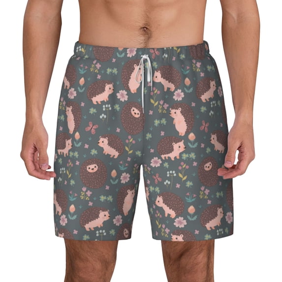 Lsque Mens Swim Trunks Hedgehogs and Flowers1 Pattern - Bathing Suit Compression Liner - Beach Swim Shorts Swimwear - (S-3XL) - Stretch Quick Dry -Small