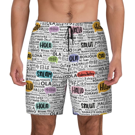 Lsque Mens Swim Trunks Hello Pattern - Bathing Suit Compression Liner - Beach Swim Shorts Swimwear - (S-3XL) - Stretch Quick Dry -3X-Large