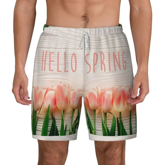 Lsque Mens Swim Trunks Hello Spring Pattern - Bathing Suit Compression Liner - Beach Swim Shorts Swimwear - (S-3XL) - Stretch Quick Dry -Small