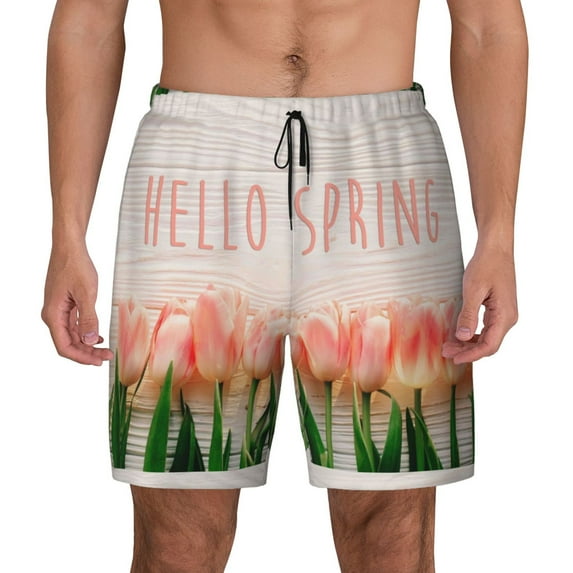 Lsque Mens Swim Trunks Hello Spring Pattern - Bathing Suit Compression Liner - Beach Swim Shorts Swimwear - (S-3XL) - Stretch Quick Dry -XX-Large