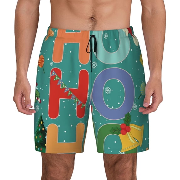 Lsque Mens Swim Trunks Ho Ho Ho Pattern - Bathing Suit Compression Liner - Beach Swim Shorts Swimwear - (S-3XL) - Stretch Quick Dry -Large