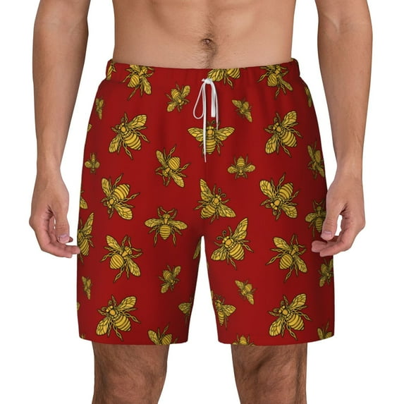 Lsque Mens Swim Trunks Hohey Bee Golden Pattern - Bathing Suit Compression Liner - Beach Swim Shorts Swimwear - (S-3XL) - Stretch Quick Dry -Large