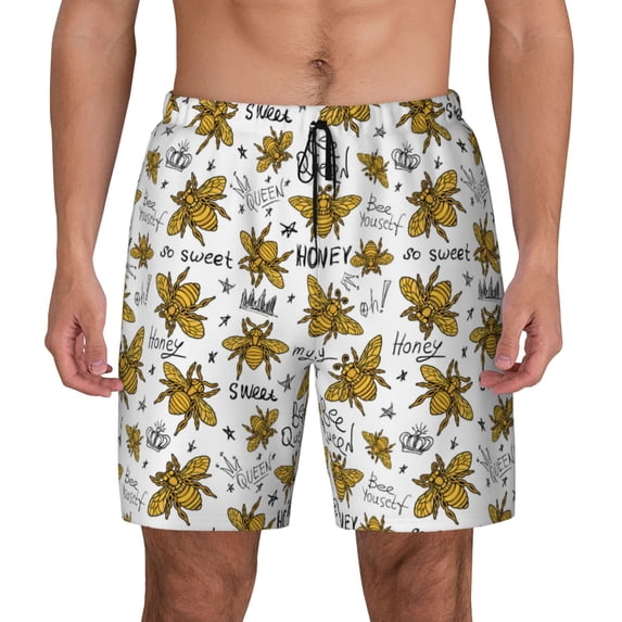 Lsque Mens Swim Trunks Hohey Bee Golden2 Pattern - Bathing Suit Compression Liner - Beach Swim Shorts Swimwear - (S-3XL) - Stretch Quick Dry -Medium