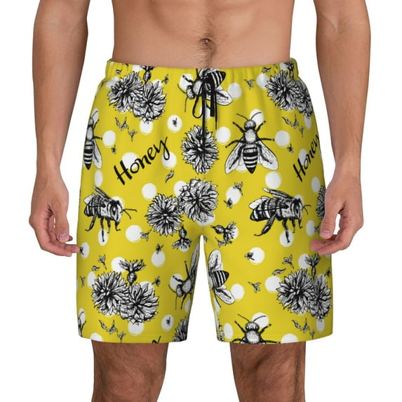 Lsque Mens Swim Trunks Honeybee Pattern - Bathing Suit Compression Liner - Beach Swim Shorts Swimwear - (S-3XL) - Stretch Quick Dry -XX-Large