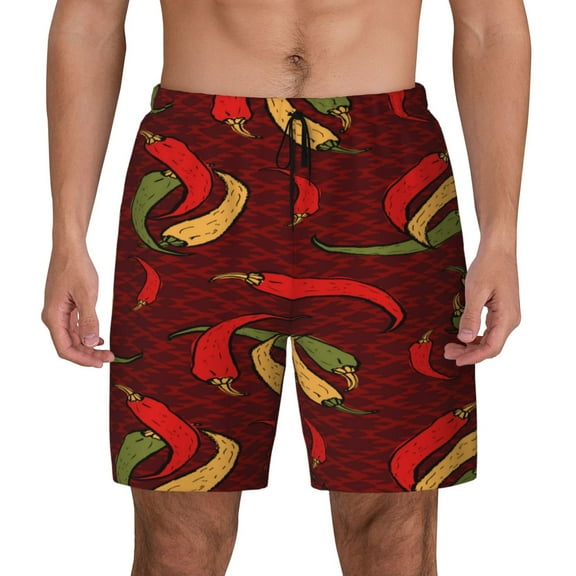 Lsque Mens Swim Trunks Hot Chili Pattern - Bathing Suit Compression Liner - Beach Swim Shorts Swimwear - (S-3XL) - Stretch Quick Dry -Small