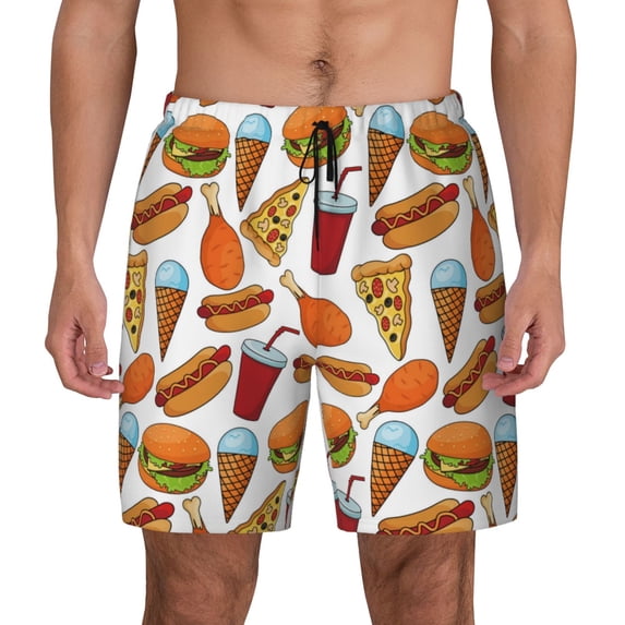 Lsque Mens Swim Trunks Hot Dog Burger Pattern - Bathing Suit Compression Liner - Beach Swim Shorts Swimwear - (S-3XL) - Stretch Quick Dry -Medium